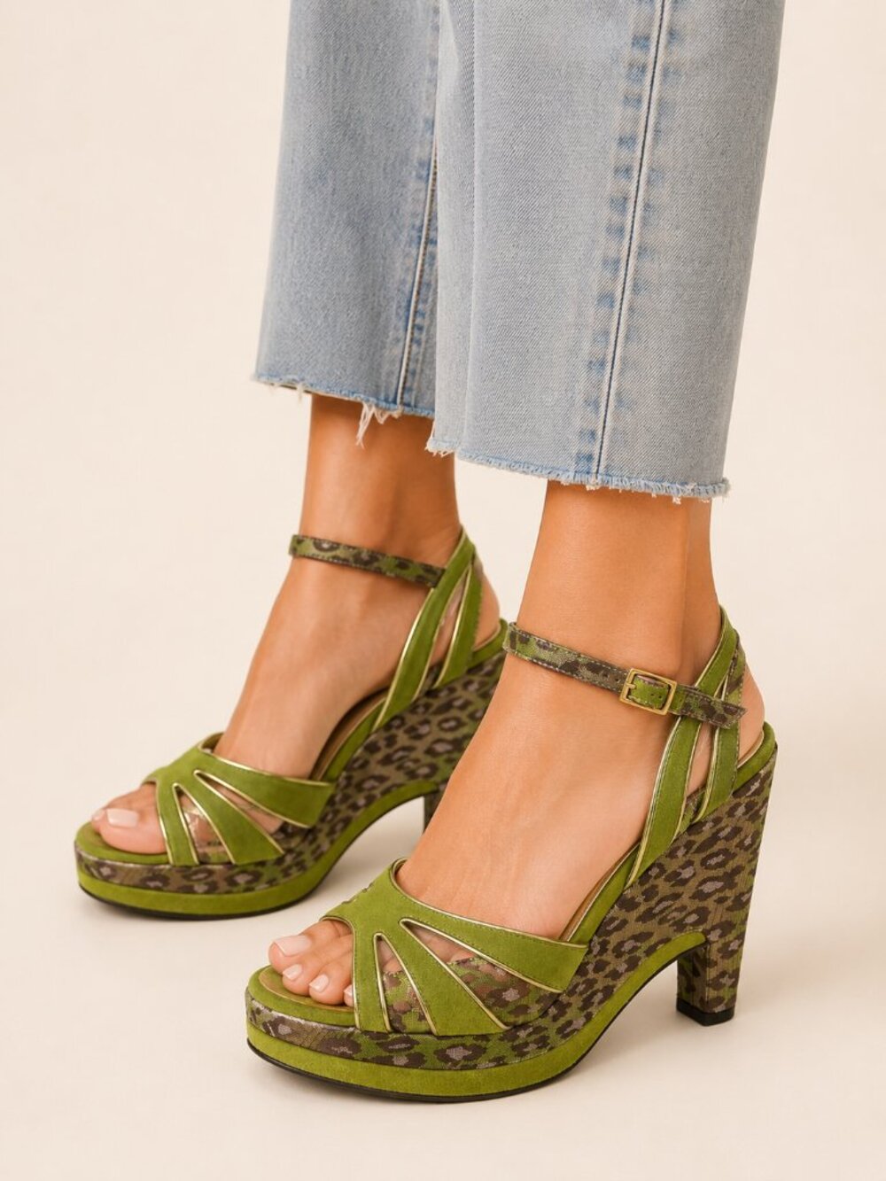 Pollini Platform Heels Green Suede Animal Print Strappy Sandals Block Heel Italy